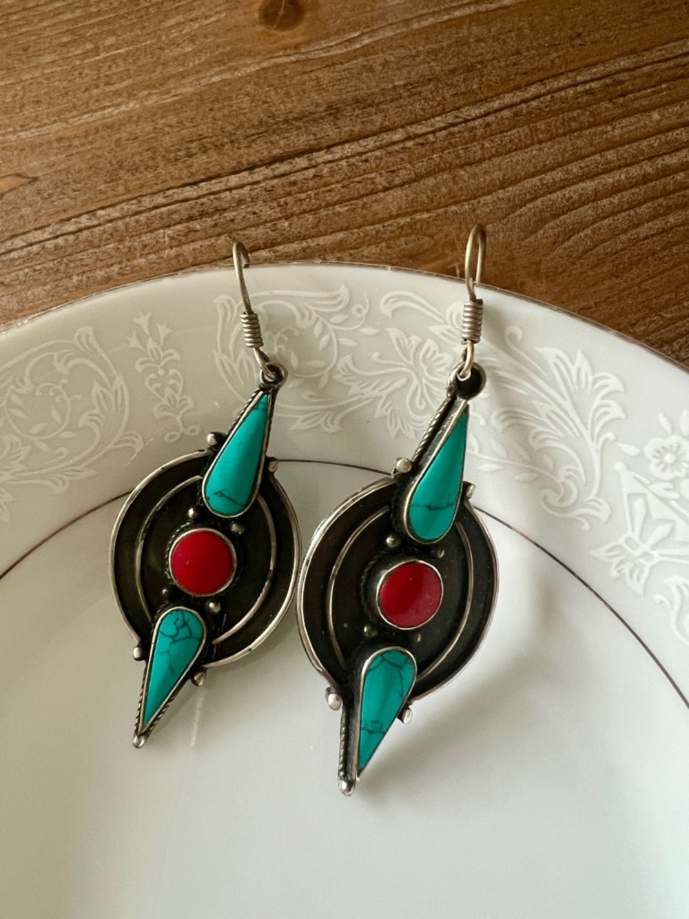 Southwestern Tribal Turquoise & Red Coral Tiered Statement Earrings